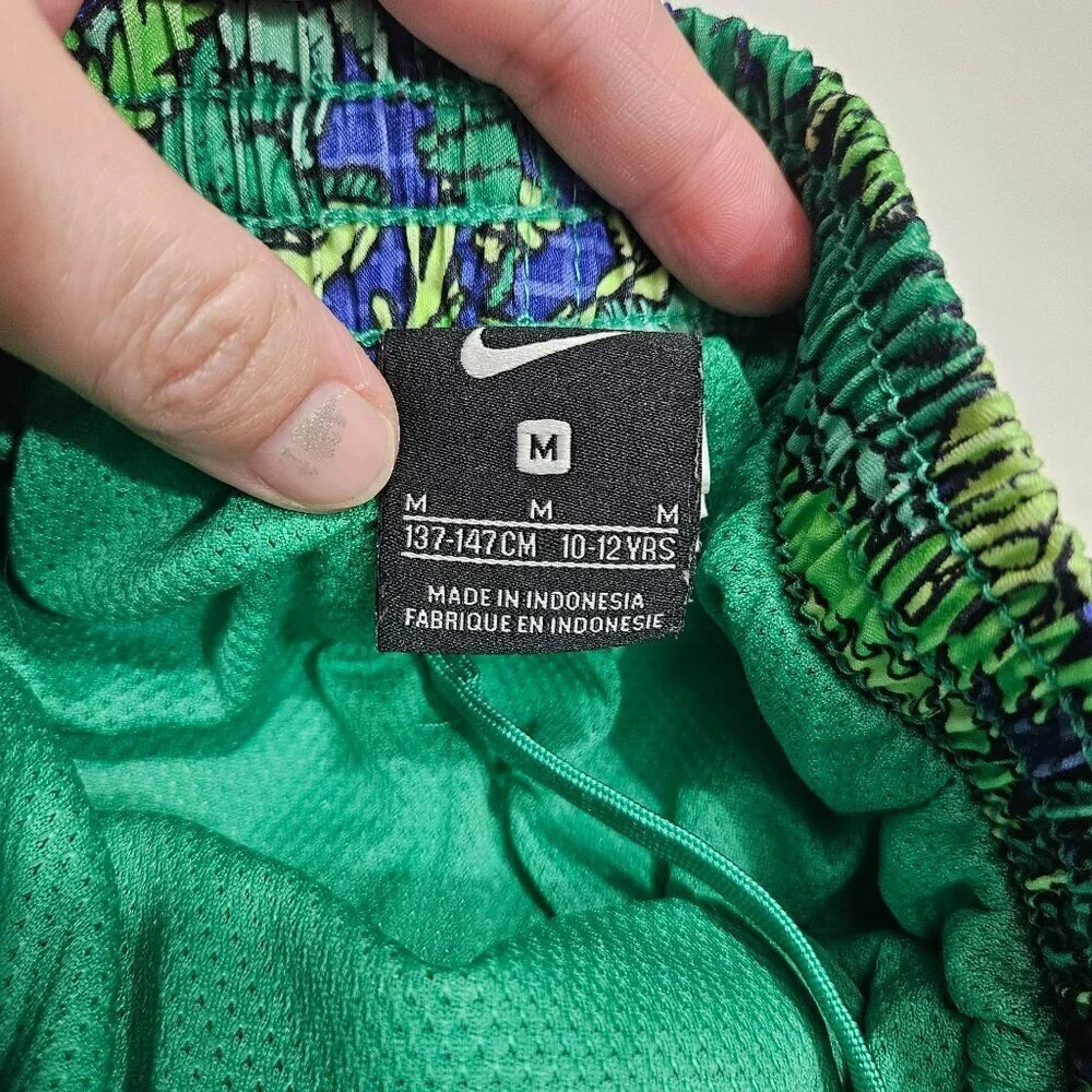 Nike Youth Tropical Leaf Print‎ Swim Trunks M 10-12 Yrs Green/Blue Cinch Waist